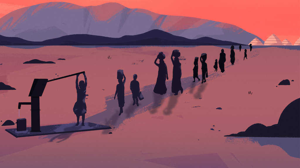 In 90 Days illustration of people getting water