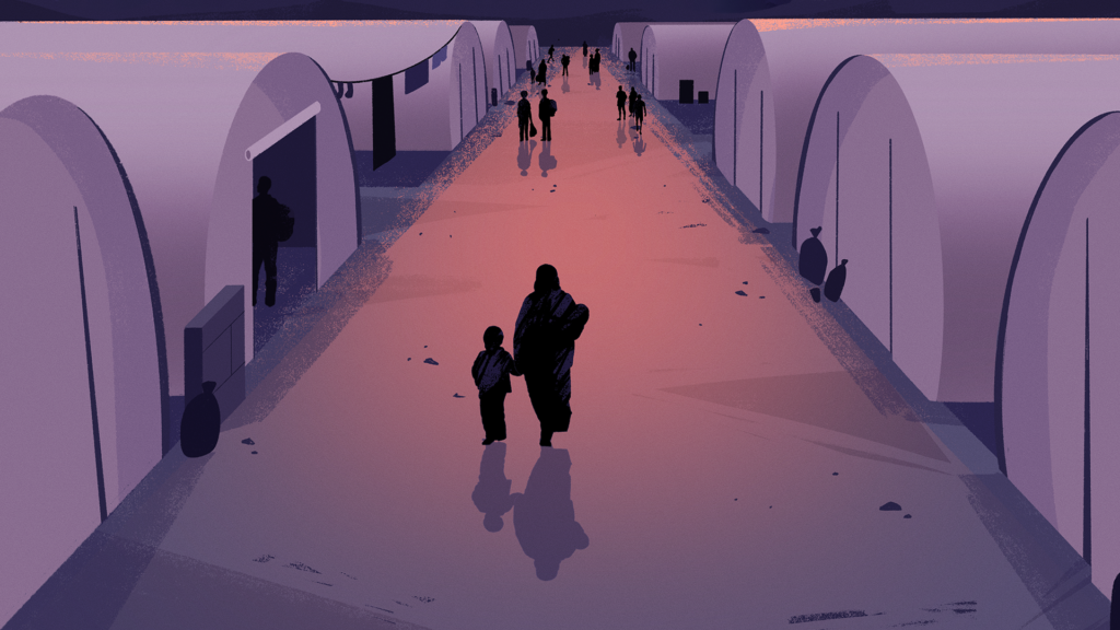 In 90 Days illustration of a woman and child walking in a camp