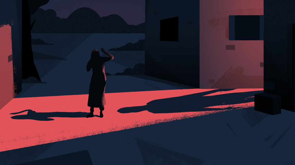 In 90 Days illustration of a woman covered in light and a shadow approaching