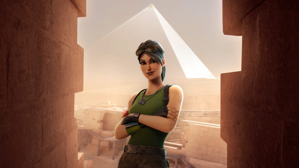 UEFN avatar posing for the camera with a pyramid in the background