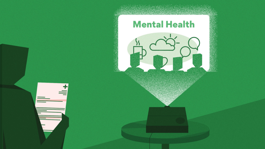 game image of a projector and a presentation on Mental Health