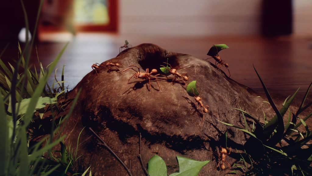 Ant Colony with ants carying leaves inside