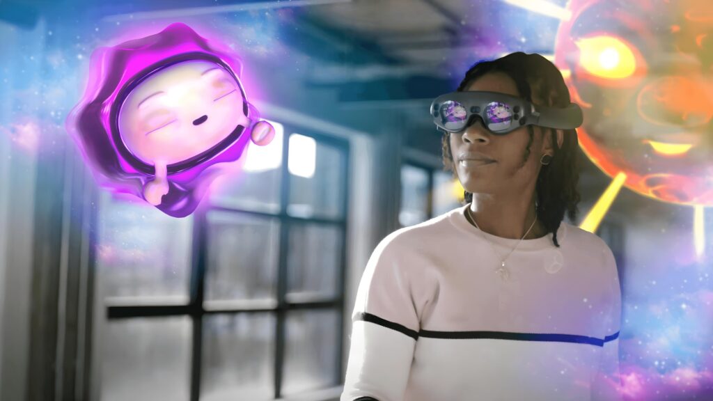 Woman wearing Magic Leap lenses, looking at Clio character